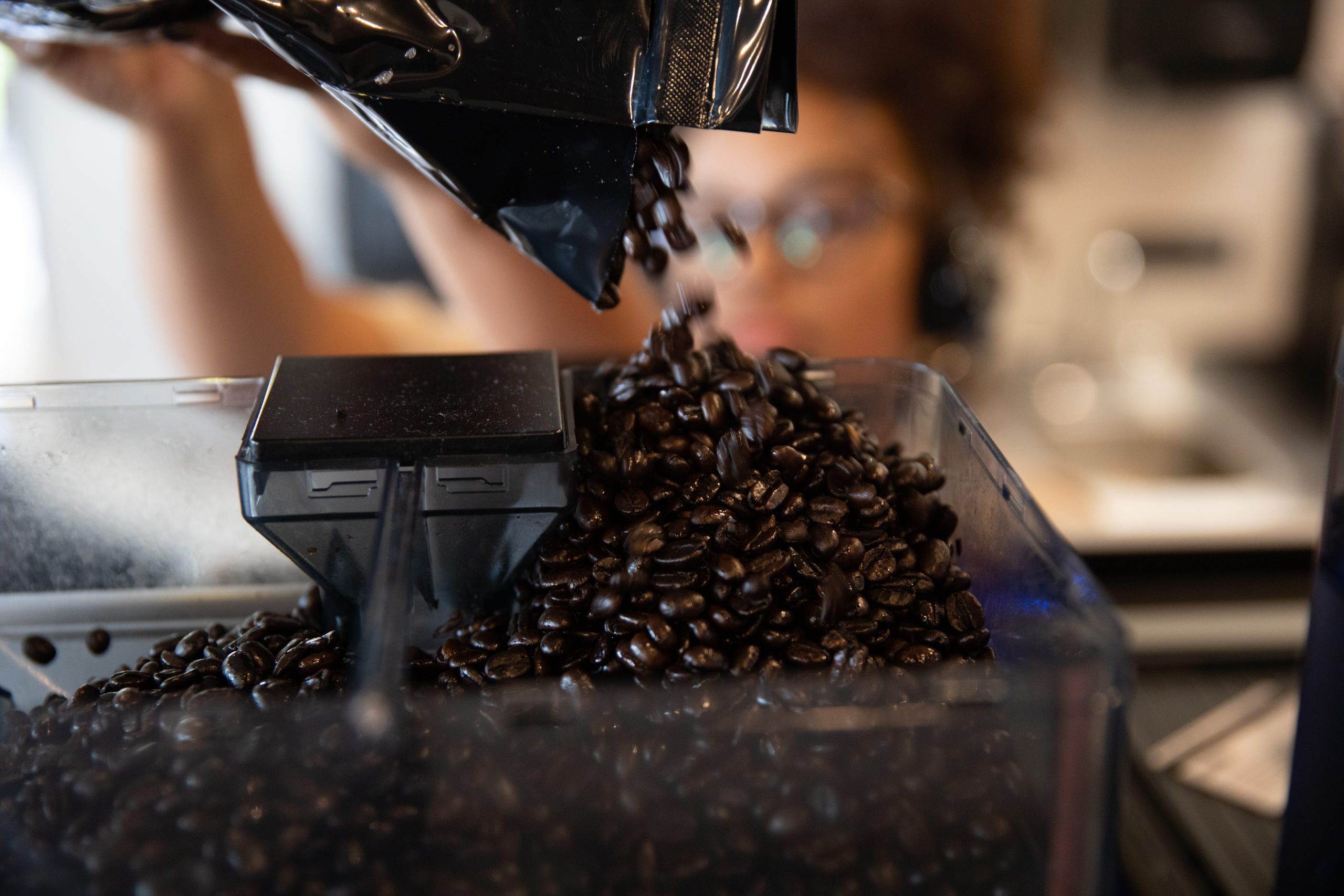 Pouring fresh roasted coffee beans
