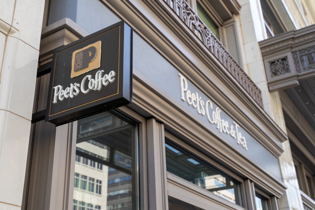 Sign for Peets Coffee, a chain coffee shop, located in Penn Quarter in downtown DC