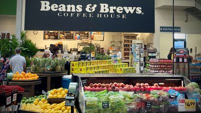 "Beans & Brews coffee shop inside a grocery store"